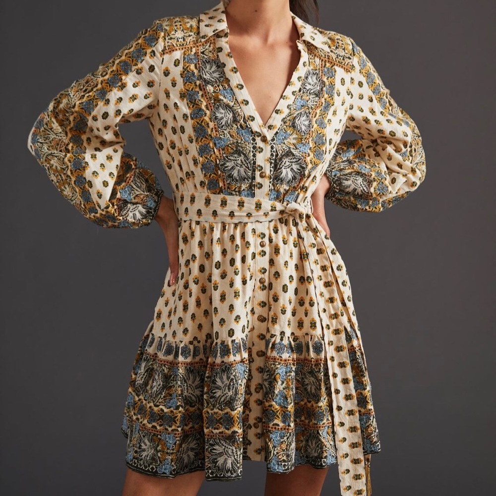Anthropologie Floral Embroidered Long Sleeves Cream Silver Mini Shirt Dress XS - Picture 1 of 6